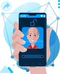 Facial recognition - Face unlock on smartphone with an elderly man