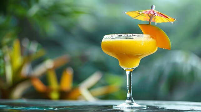 A mango daiquiri served in a frosty glass, garnished with a slice of mango and a cocktail umbrella, offering a tropical twist on a classic cocktail