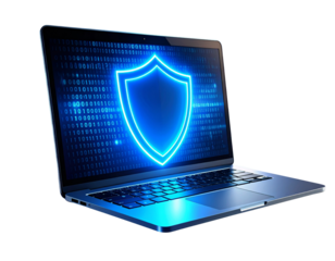 Angled View of Laptop with Blue Cybersecurity Shield on Black Screen, isolated on a transparent background