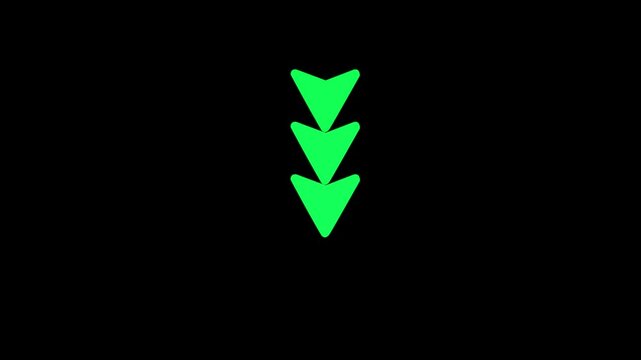 Swipe animation button with arrow flashing from top to bottom in a loop .Animated arrow pointing down on black background.