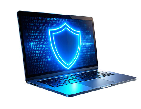 Angled View of Laptop with Blue Cybersecurity Shield on Black Screen, isolated on a transparent background