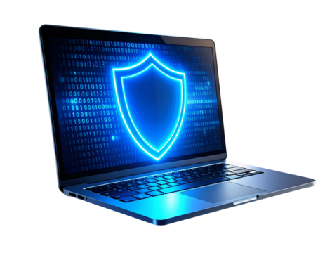 Angled View of Laptop with Blue Cybersecurity Shield on Black Screen, isolated on a transparent background - Powered by Adobe