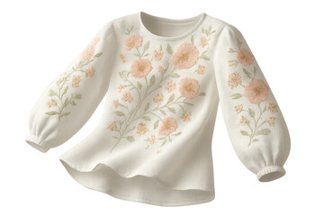 White long-sleeve blouse with floral embroidery isolated on transparent background