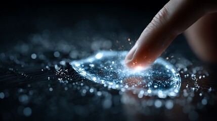 Human finger interacting with glowing digital data network on a circuit board