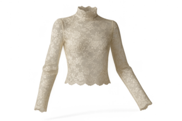 Fashionable beige lace long-sleeve top isolated on transparent background, elegant.