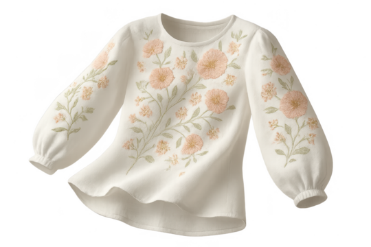 White long-sleeve blouse with floral embroidery isolated on transparent background