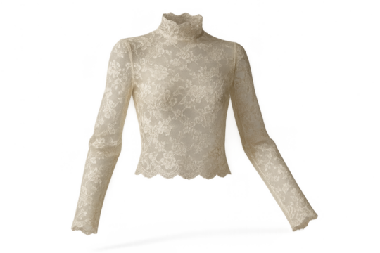 Fashionable beige lace long-sleeve top isolated on transparent background, elegant.