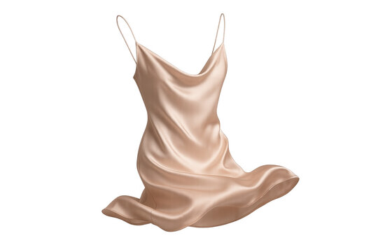 Elegant beige satin slip dress gracefully floating on transparent background