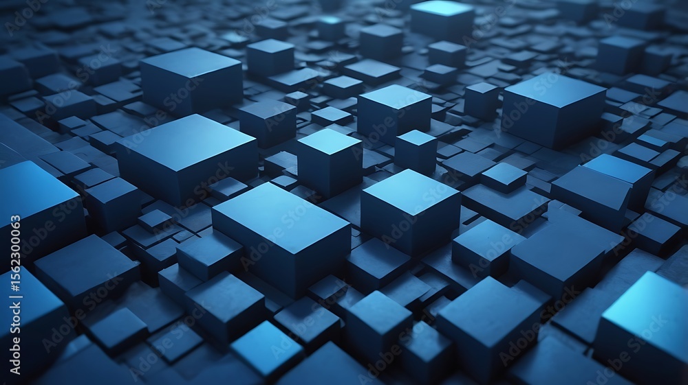 Poster a geometric background of blue cubes in varying sizes creates a modern, abstract pattern with a thre