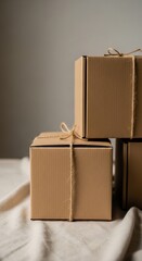 Stack of brown cardboard boxes tied with twine displayed on textured cloth.