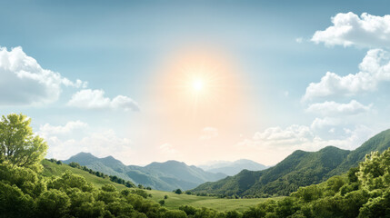 Naklejka premium Serene wide plateau surrounded by lush green hills under soft pink to violet sky, illuminated by warm glow of sun, creating peaceful and cinematic atmosphere