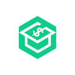 A vibrant green hexagonal logo with a white stylized graduation cap and a dollar sign, representing financial education or scholarship
