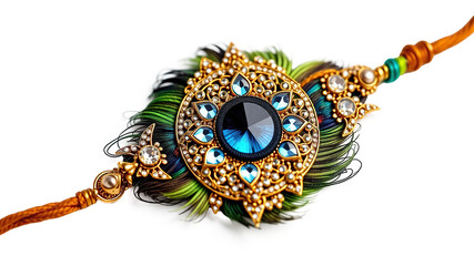 Designer Peacock Feather Rakhi PNG with Gemstone and Red Thread – Transparent Background