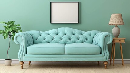 Mint couch, plant, frame, and lamp against solid wall