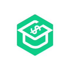 A vibrant green hexagonal logo with a white stylized graduation cap and a dollar sign, representing financial education or scholarship