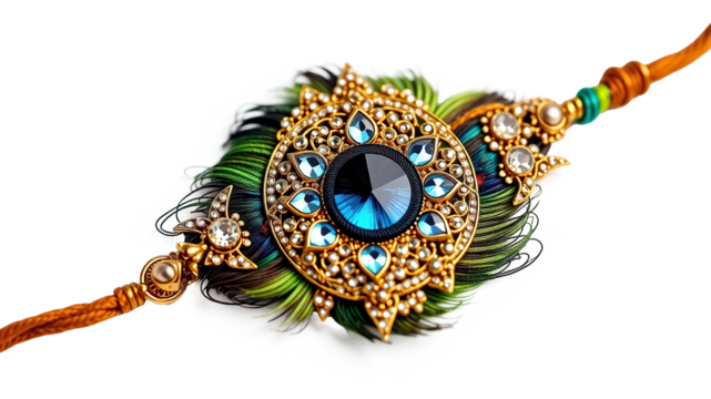 Designer Peacock Feather Rakhi PNG with Gemstone and Red Thread – Transparent Background