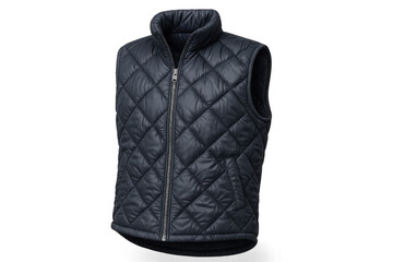 Dark blue quilted vest for men or women, casual outerwear, isolated on transparent background.