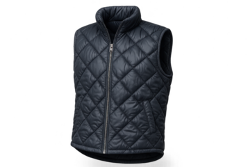 Dark blue quilted vest for men or women, casual outerwear, isolated on transparent background.