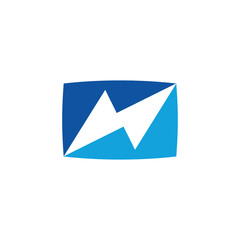 A bold rectangular logo with a white lightning bolt cutting across two shades of blue, symbolizing power and modern tech