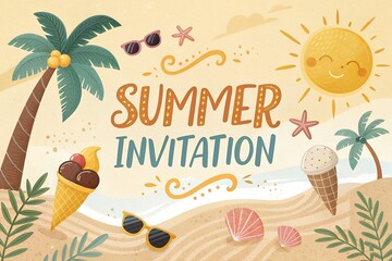 A cheerful and colorful summer invitation design featuring a smiling sun palm trees ice cream cones sunglasses and seashells on a sandy beach