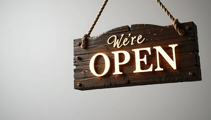 Rustic Wooden "We're Open" Sign with Warm Glow on White Wall