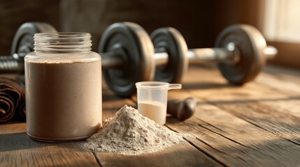 Protein Powder in Glass Jar with Scoop and Dumbbell on Wooden Surface