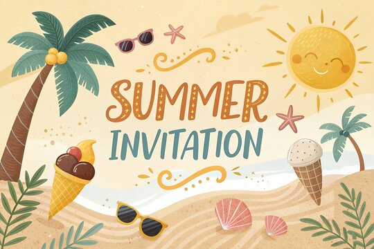 A cheerful and colorful summer invitation design featuring a smiling sun palm trees ice cream cones sunglasses and seashells on a sandy beach