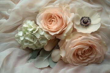 Delicate arrangement of pastel roses and hydrangeas.