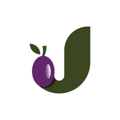 A dark green abstract shape resembling a curved leaf or stylized "J" with a purple plum or olive fruit and leaves at its base