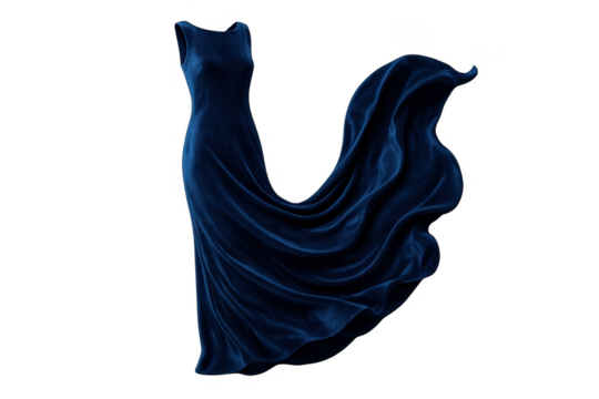 Elegant blue velvet flowing dress isolated on a transparent background, luxurious