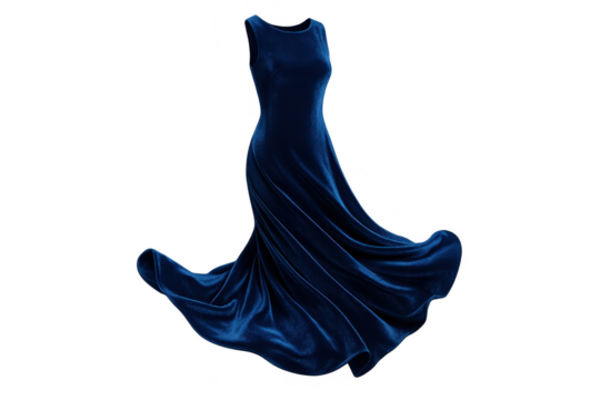 Elegant dark blue velvet dress isolated on transparent background, flowing fabric