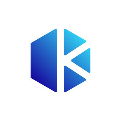 A hexagonal logo in a blue gradient, with internal cutouts forming a stylized letter "K" on the right side