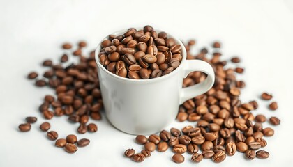 Obraz premium A white mug filled with roasted coffee beans surrounded by scattered beans