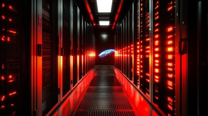 Spaceship interior. View on open space or planet. Futuristic sci-fi laboratory or corridor with neon light.