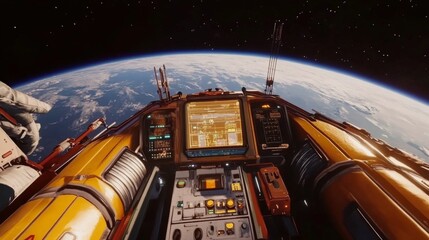 Spaceship interior. View on open space or planet. Futuristic sci-fi laboratory or corridor with neon light.