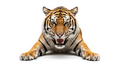 Obraz premium Close up of a majestic tiger with its mouth open and teeth showing ready to pounce on a white background