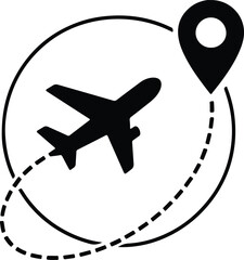Dotted flight path connecting global destinations with aircraft travel