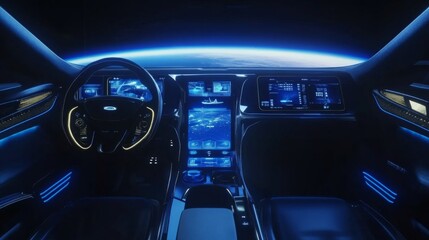 Spaceship interior. View on open space or planet. Futuristic sci-fi laboratory or corridor with neon light.