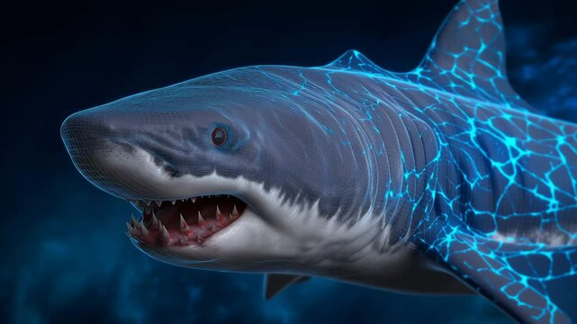 Ferocious shark with sharp teeth glowing blue light patterns swimming deep sea ocean underwater marine aquatic predator fish reflections hologram