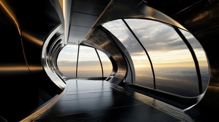 Spaceship interior. View on open space or planet. Futuristic sci-fi laboratory or corridor with neon light.