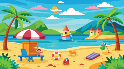 Colorful Cartoon Beach Scene with Palm Trees, Boat, and Beach Accessories Illustration