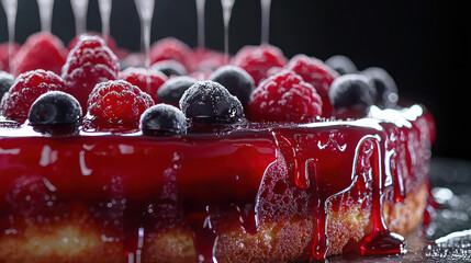Clear fruit glaze dripping over a cake, highlighting textures with a light sheen.