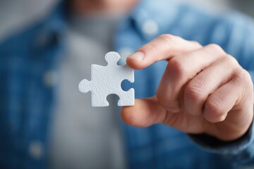 A hand holds a single white puzzle piece between the thumb and forefinger A blue shirt is visible in the blurred background