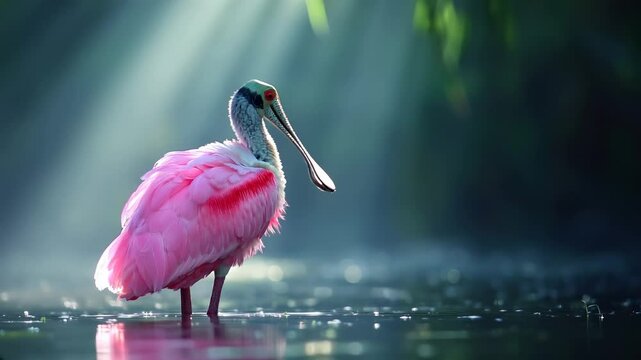 A vibrant Roseate Spoonbill, a stunning pink bird, stands in tranquil waters with beautiful sunlight.