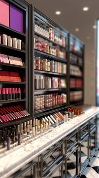 Cosmetics counter at a retail shop with products on display