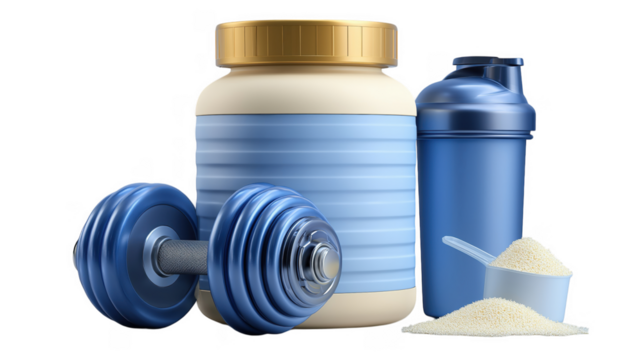 Fitness Supplements and Protein Powder with Dumbbell and Shaker Bottle on Transparent Background