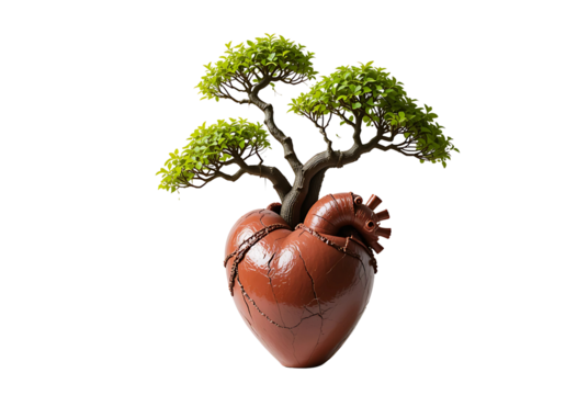 Surreal pot shaped like a human heart growing bonsai branches, white backdrop.