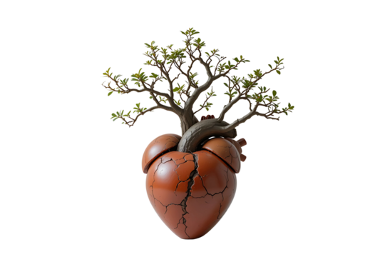 Surreal pot shaped like a human heart growing bonsai branches, white backdrop.
