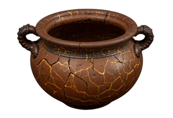 Antique clay pot cracked with glowing gold veins, on black velvet background.