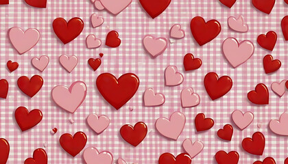 Scattered Red and Pink 3D Hearts on Gingham Pattern Background